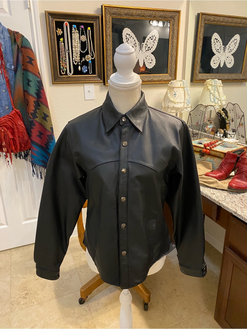 Black Leather Snap-Front Shirt Jacket Size M